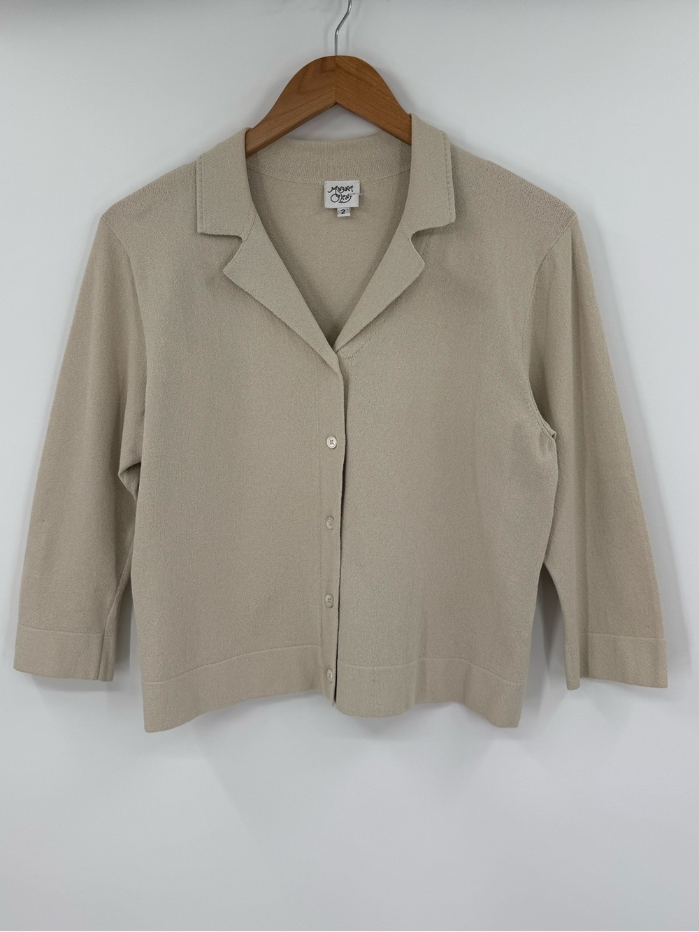 Margaret O'Leary Collared Button Front 3/4 Sleeve Knit Cardigan | Beige | Medium